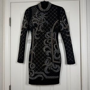 Xtaren Rhinestone Grommet Long Sleeve Quilted Celebrity Mock Neck Mini Dress Sm